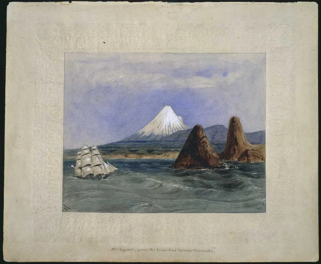 An 1849 watercolour showing a square-rigged sailing ship under full sail off a coastline, passing two brown rocky stacks, with a snow-covered conical volcano rising inland beneath a pale sky, mounted in a decorative embossed border