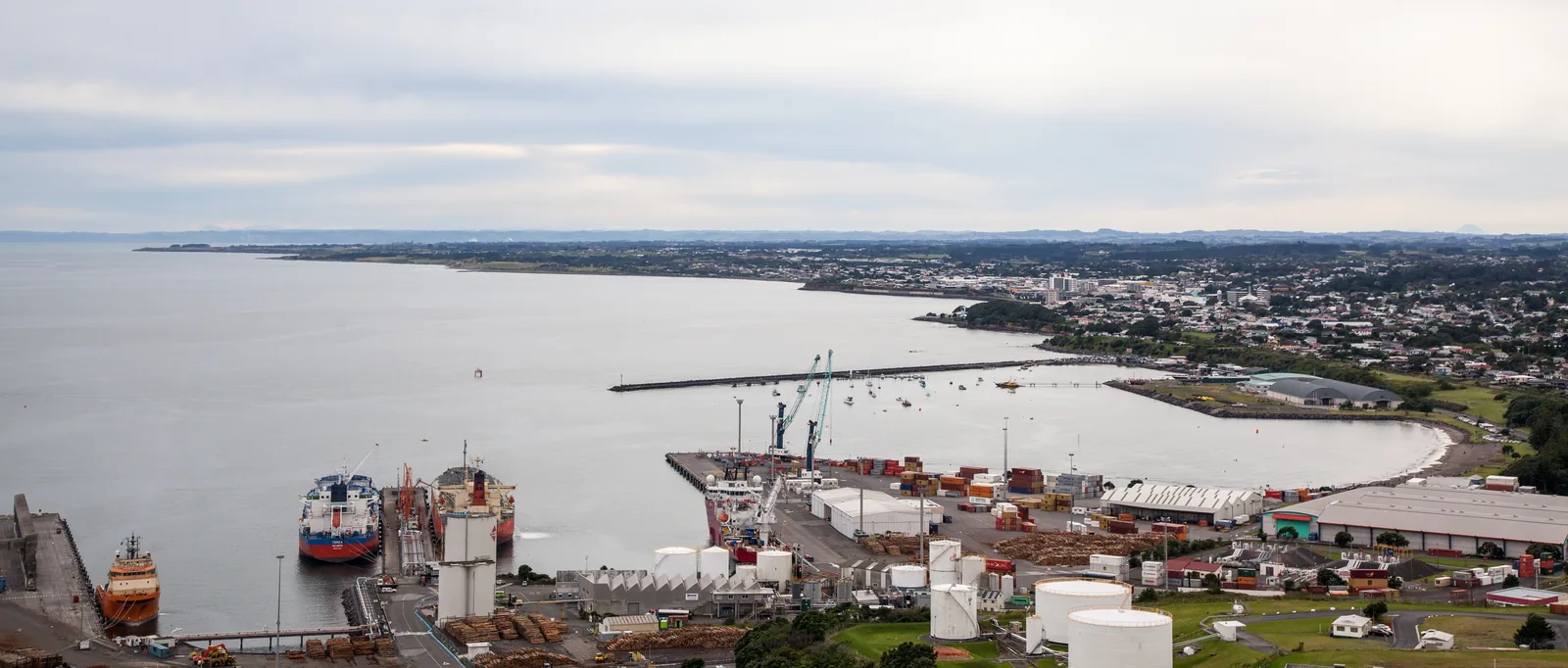 A wide elevated panorama of Port Taranaki showing bulk carriers alongside, cranes, oil storage tanks, container stacks and stockpiled logs, with the breakwater curving into the Tasman Sea and New Plymouth city spread along the coast beyond