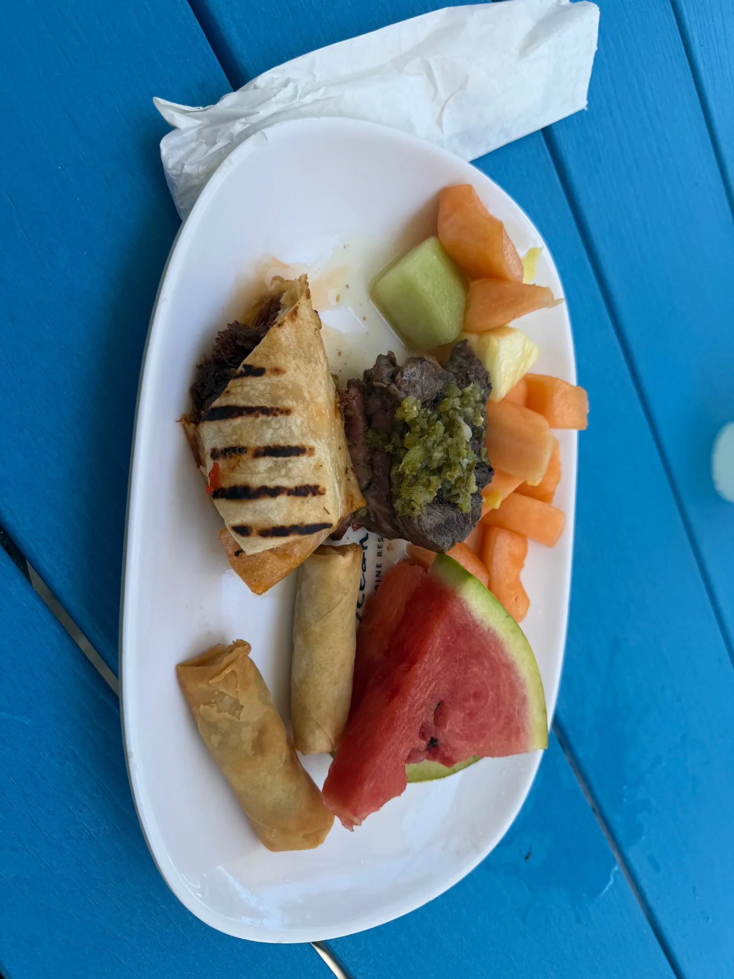 Buffet lunch plate at Ocean Cay: grilled quesadilla, chimichurri beef, two spring rolls, and tropical fruit on a blue plank table