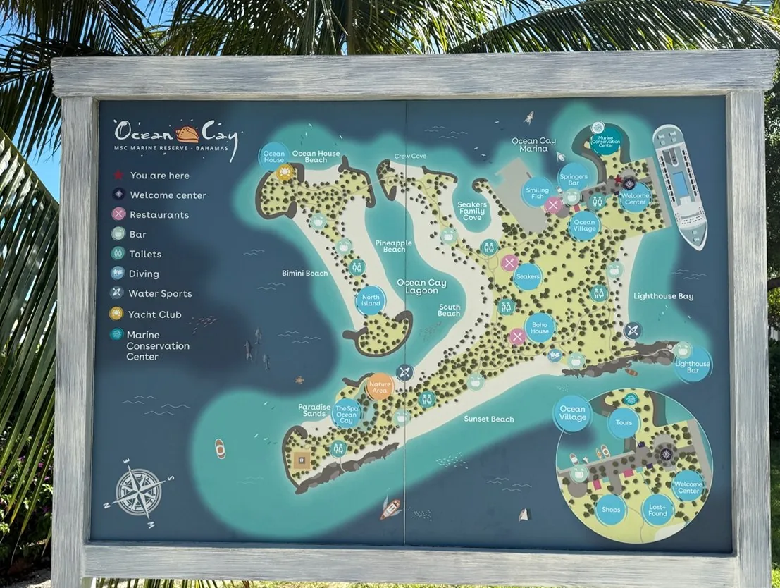 Close detail of the Ocean Cay island map showing named beaches, Marine Conservation Center, and Ocean Village pier cluster