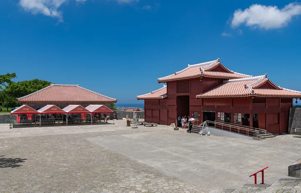 A steaming bowl of Okinawa soba noodles with stewed pork belly and green onion garnish