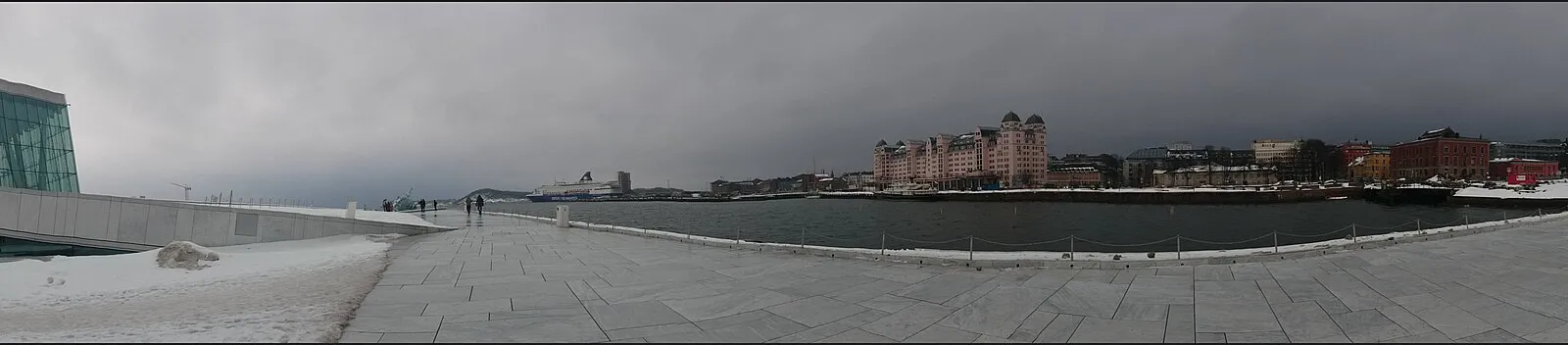 Oslo Opera House rooftop panoramic with harbor, cruise ship, and Barcode buildings