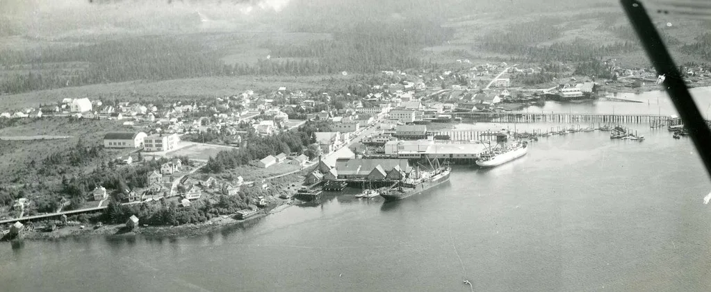 Panoramic view of Petersburg town with harbor and mountains