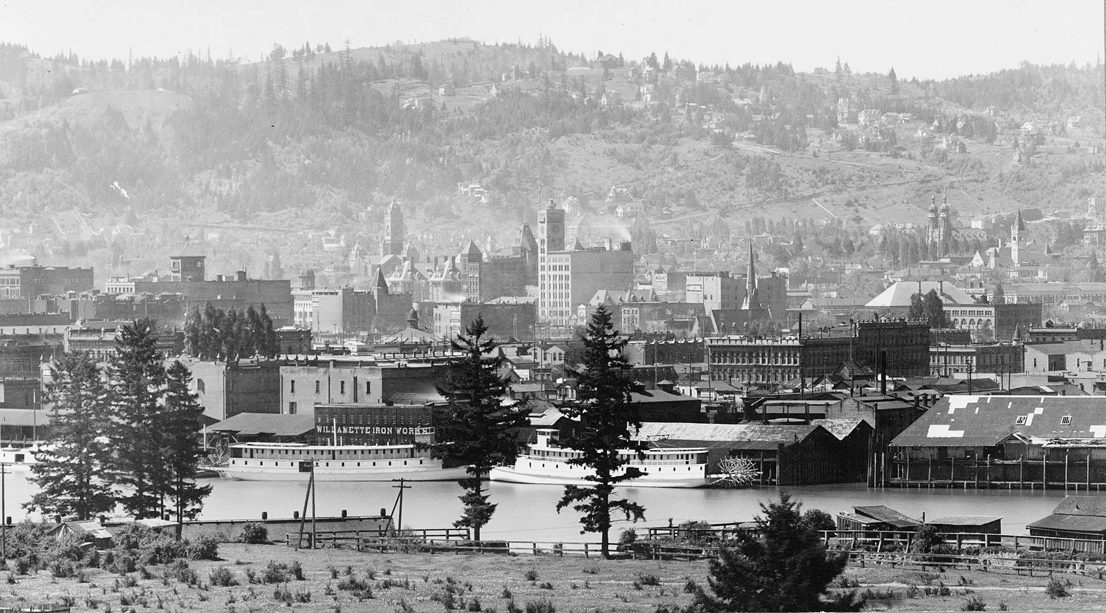 Historic panorama of Portland, Oregon showing Willamette Iron Works on the riverfront c.1900