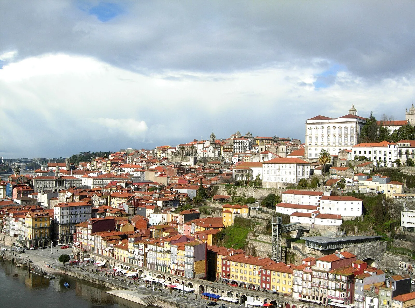 Porto Ribeira district from across the Douro with stacked buildings and churches