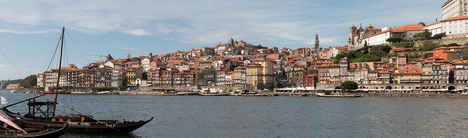 Porto panoramic from river level with traditional rabelo boat and Clérigos Tower