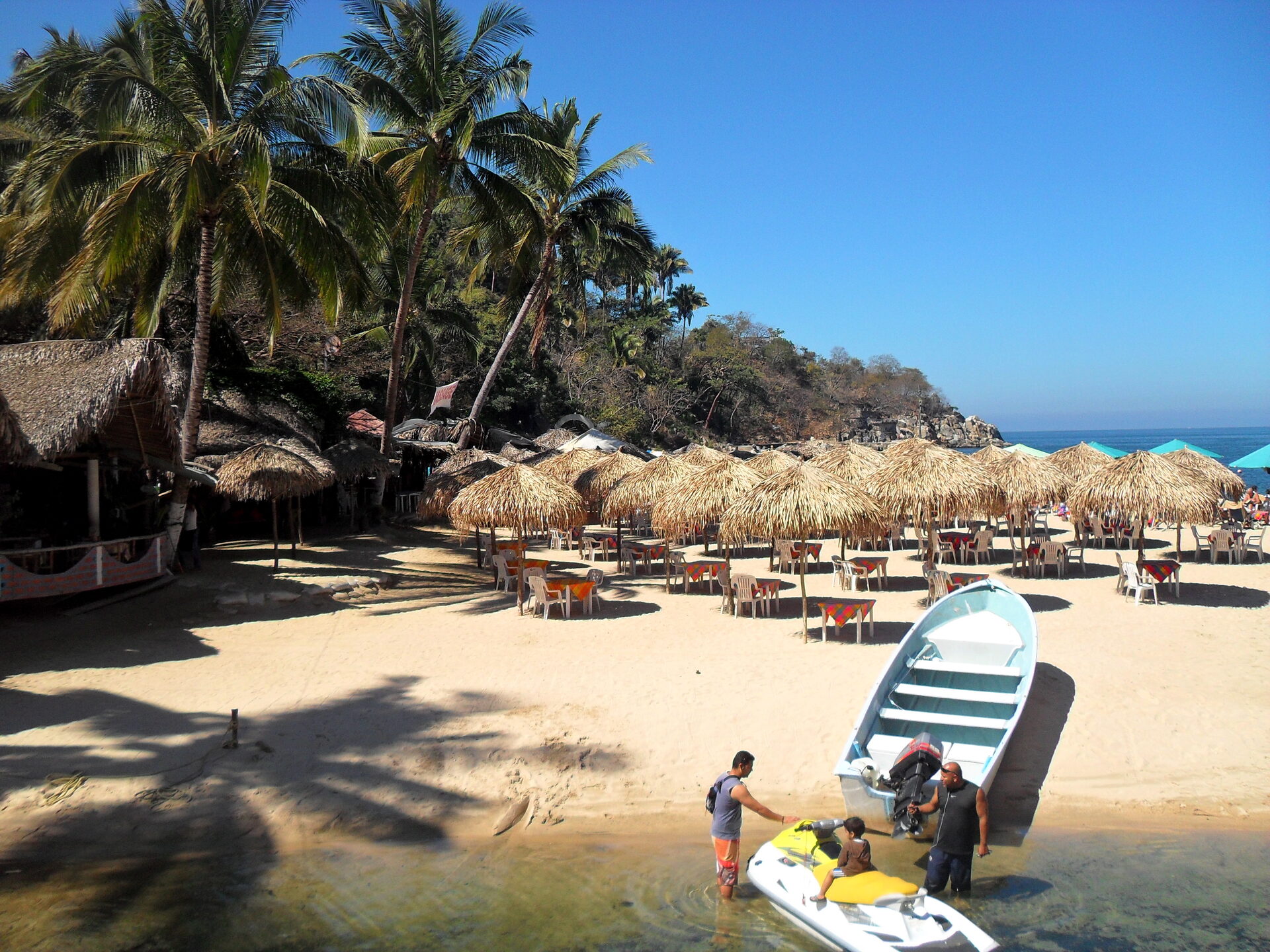 Los Muertos Beach with palm trees, beach chairs, and the iconic pier extending into Banderas Bay