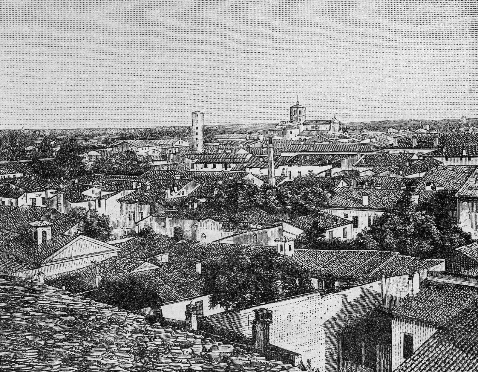 Historical engraving of Ravenna showing church towers and terracotta roofs
