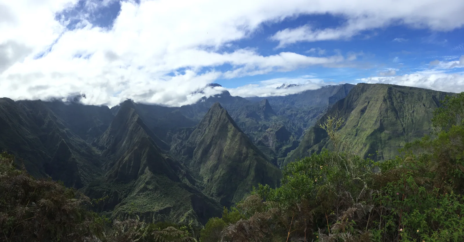 The Cirque de Mafate seen from the Cap Noir viewpoint — a vast eroded amphitheatre of ridges and ravines with no road into it