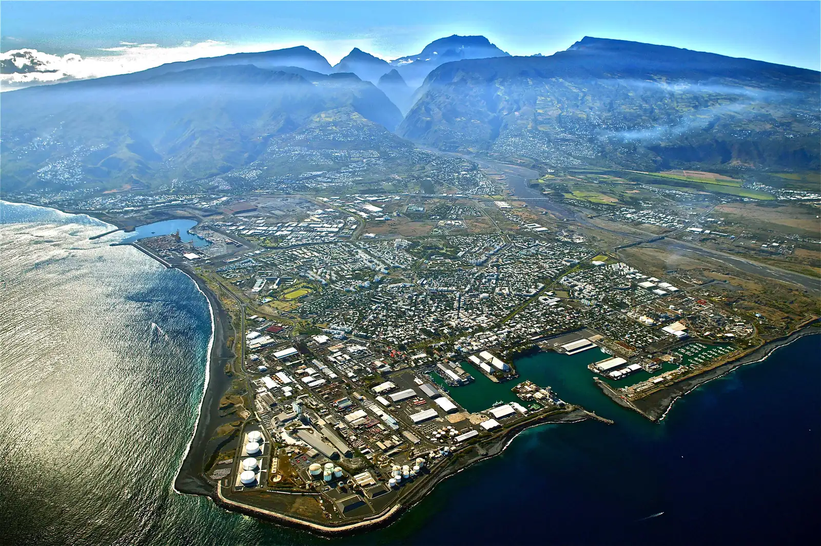 Aerial view of Le Port and its artificial harbour basins at Pointe des Galets on Réunion's north-west coast
