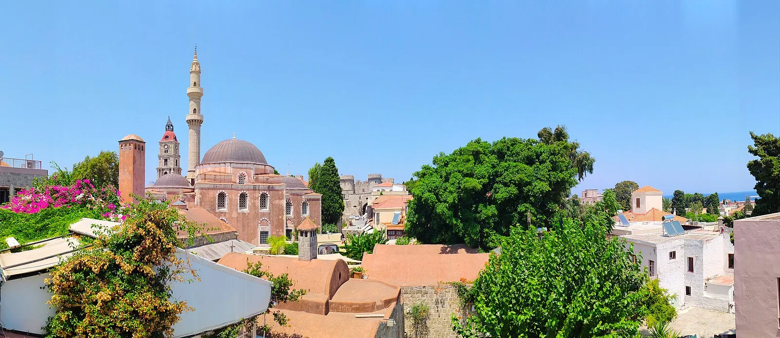 Rhodes Old Town rooftop panoramic with Süleymaniye Mosque and Clock Tower