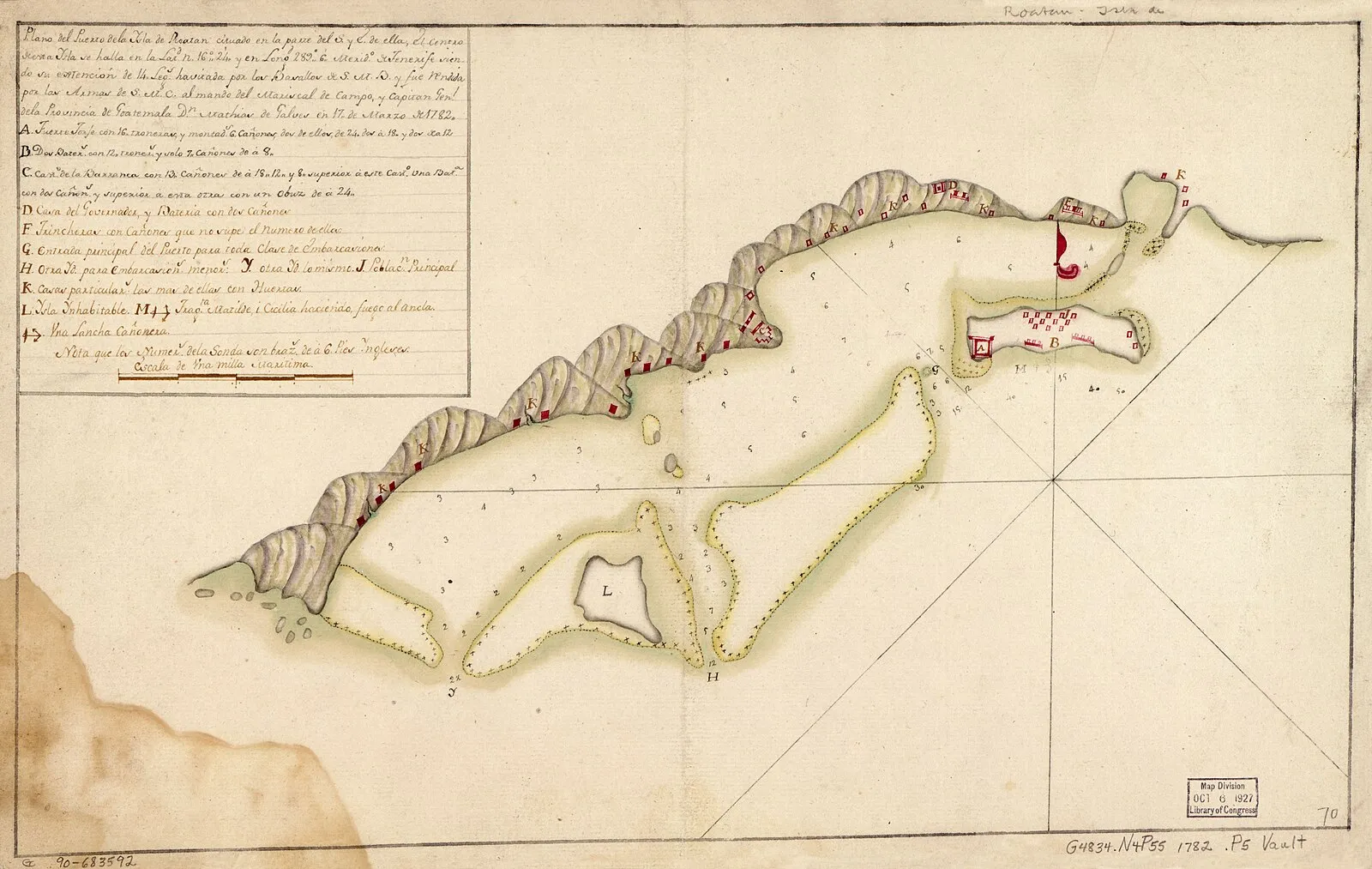 1782 Spanish colonial map of the Bay Islands showing Roatan and surrounding waters