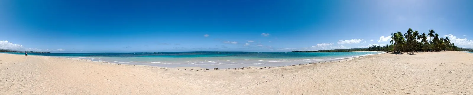 Lush green Dominican mountainside rising above the waterfront town of Samana with colorful buildings and palm trees