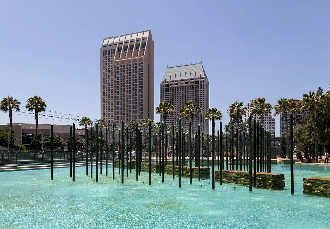 Downtown San Diego waterfront park with fountain and skyline views