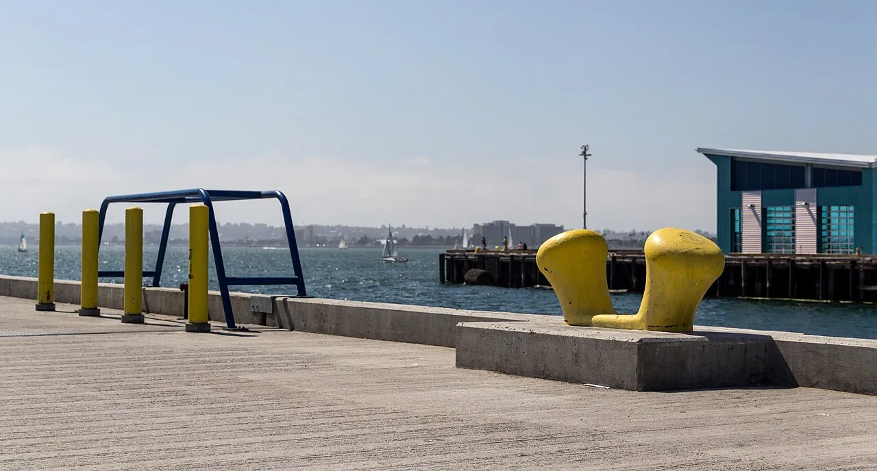 San Diego cruise terminal pier with mooring bollards and harbor views