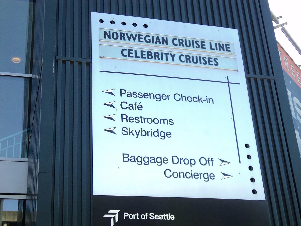 Port of Seattle cruise terminal sign for Norwegian Cruise Line and Celebrity Cruises