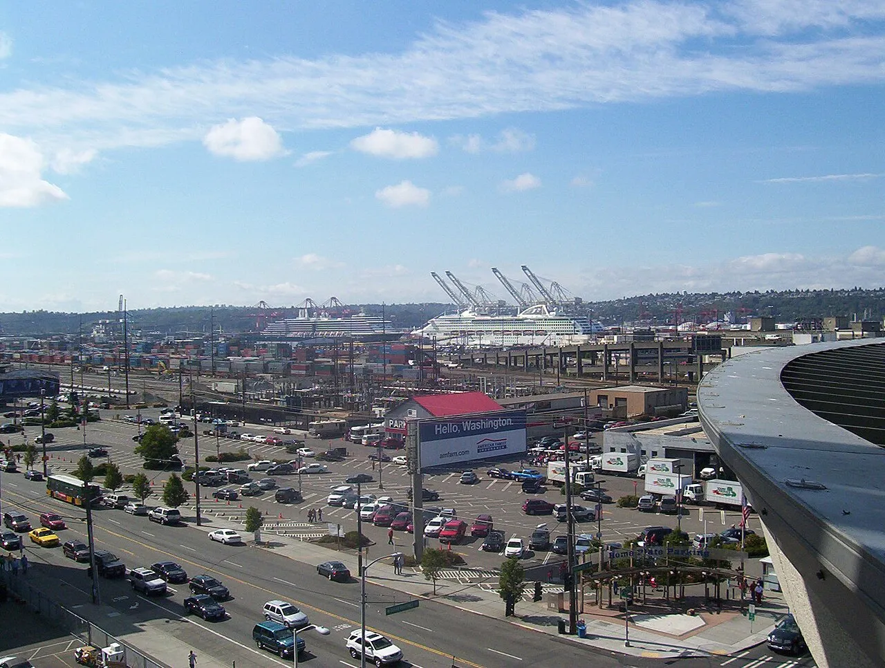 Port of Seattle panorama with cruise ships and container cranes