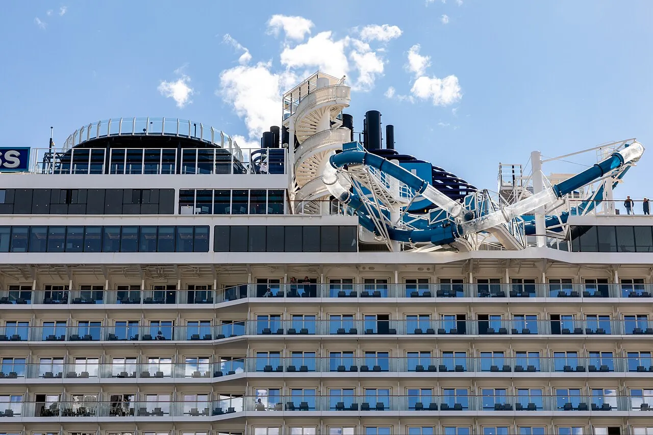 Cruise ship with water slides docked at the Port of Seattle