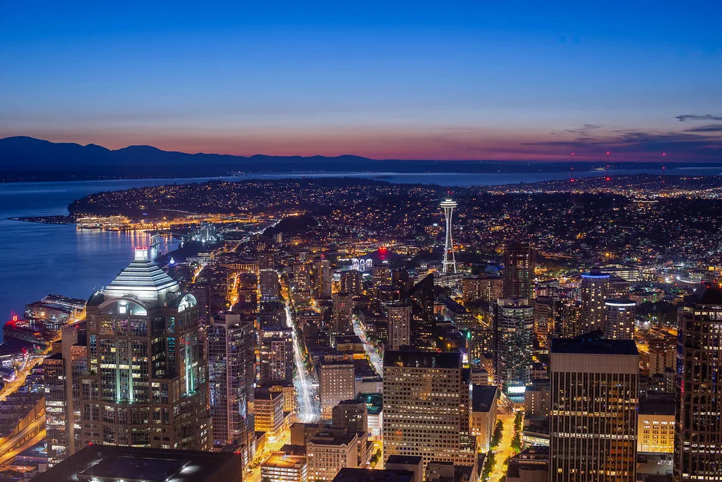 Seattle skyline with Space Needle and cruise ship at the Port of Seattle