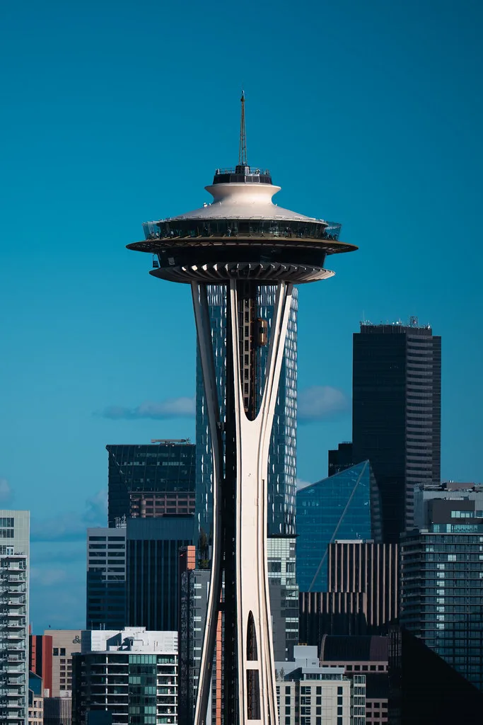 Pike Place Market neon sign and clock at the famous Seattle landmark
