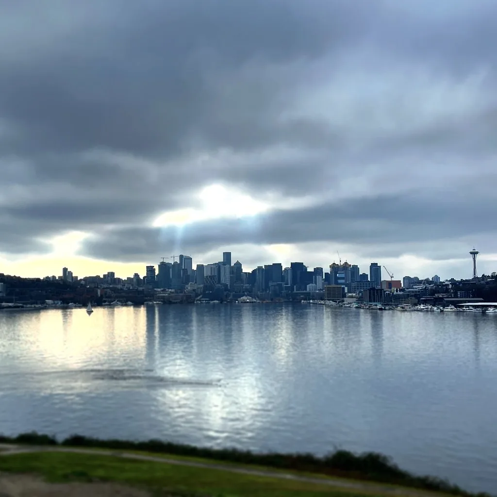 Seattle waterfront street scene with shops and Puget Sound views