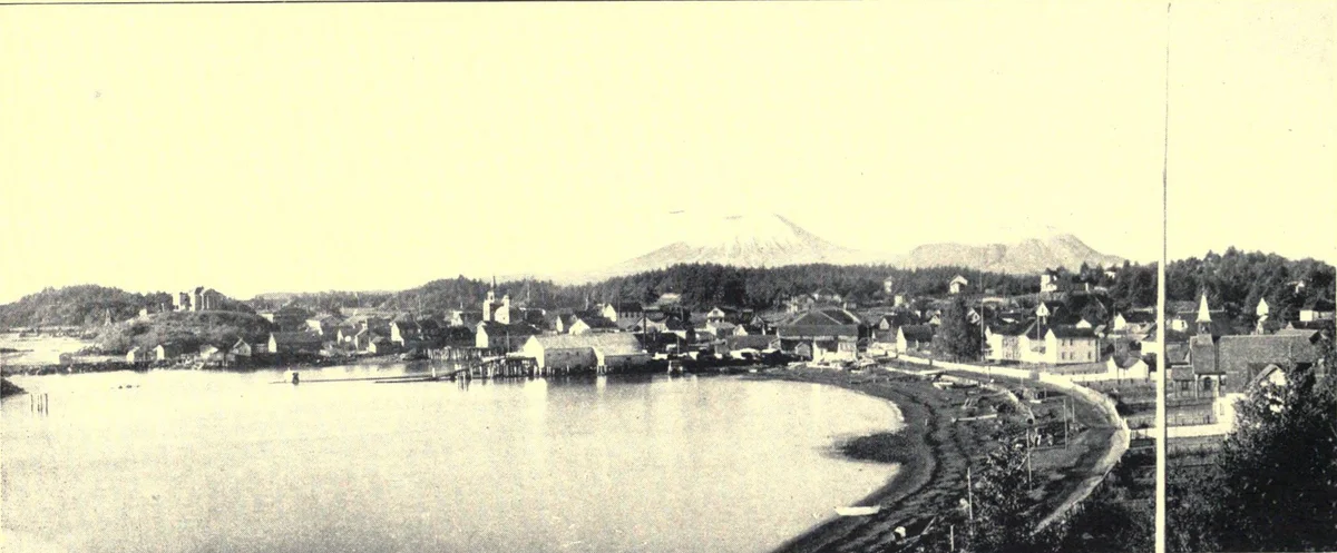 Sitka Alaska waterfront with Mount Edgecumbe volcano in the background