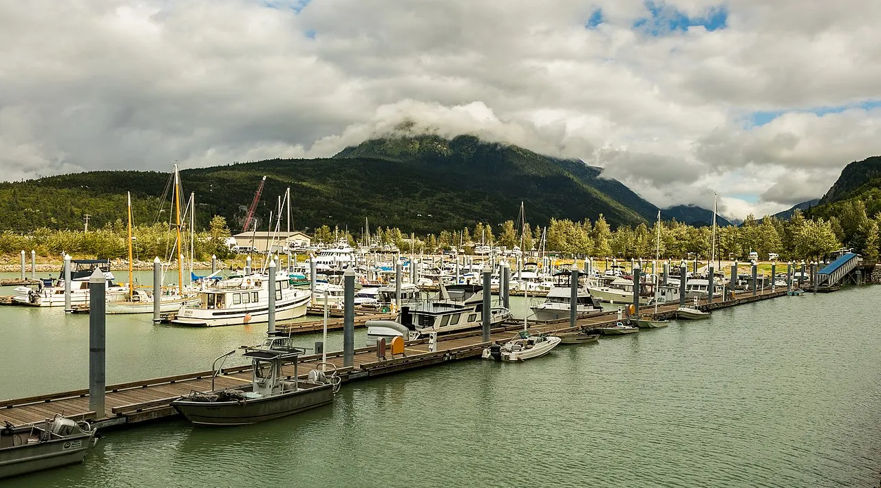 Historic downtown Skagway with mountains