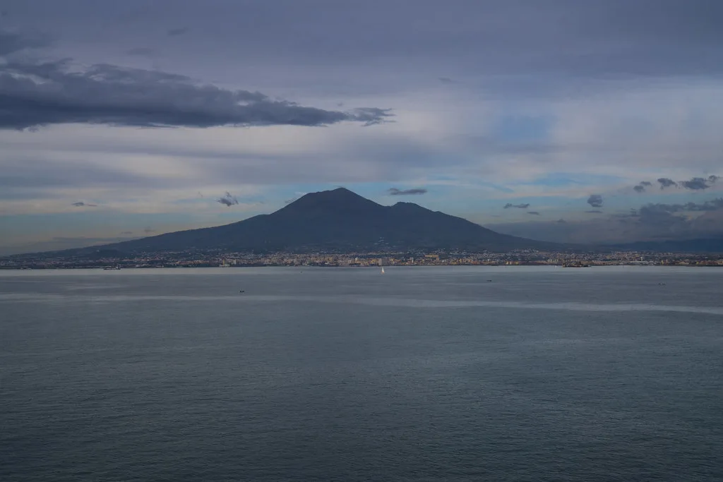 Sorrento perched on limestone cliffs above the Bay of Naples with lemon groves and Vesuvius in the distance