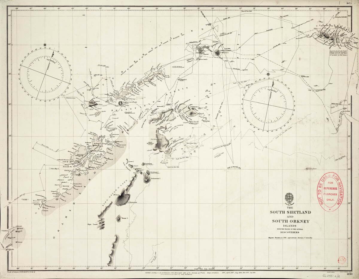 Historical Admiralty chart of South Shetland and South Orkney Islands with discovery routes
