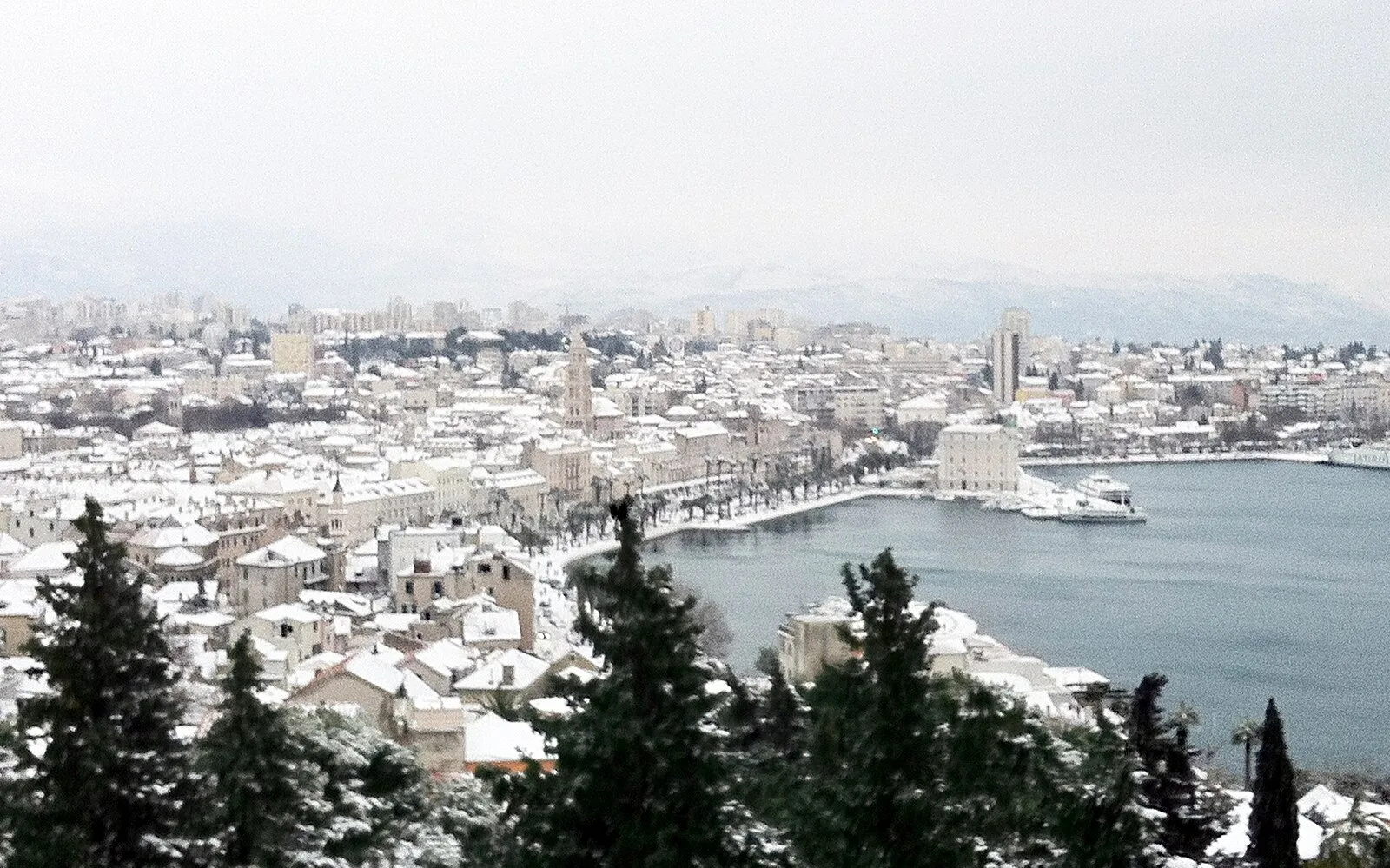 Split covered in snow, a rare winter view of the city and harbor from Marjan Hill