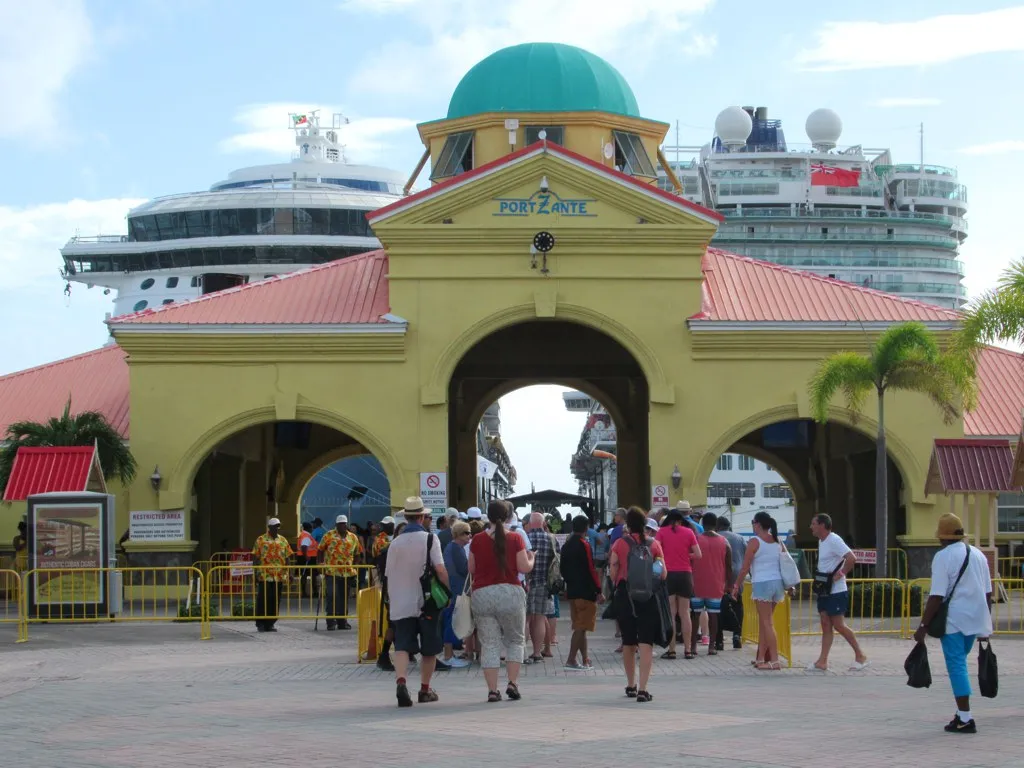 Port Zante cruise terminal with ships docked and Caribbean waters