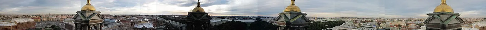 360-degree panorama from St. Isaac's Cathedral with gold domes and St. Petersburg rooftops