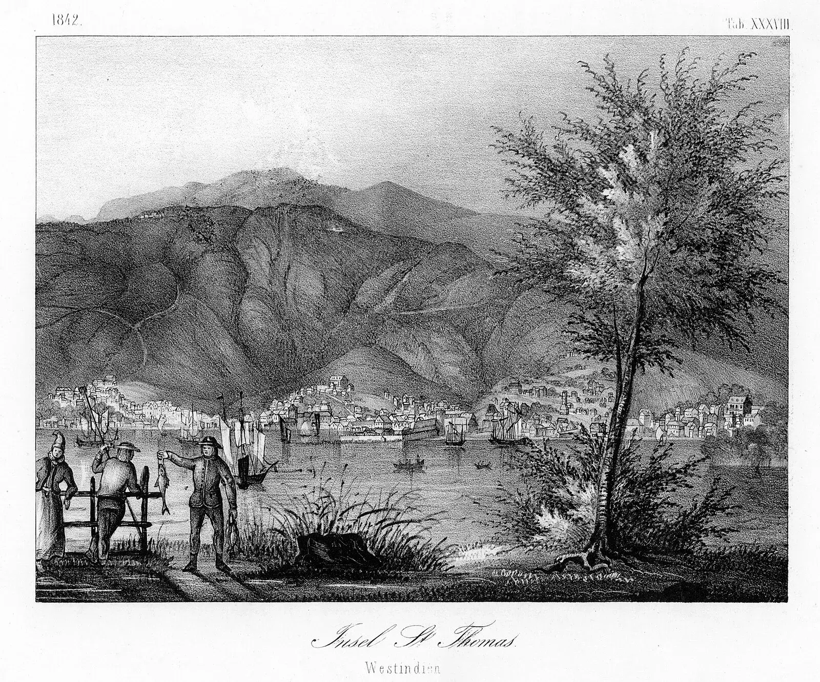 19th century German engraving of Charlotte Amalie harbor, Insel St. Thomas, Westindien