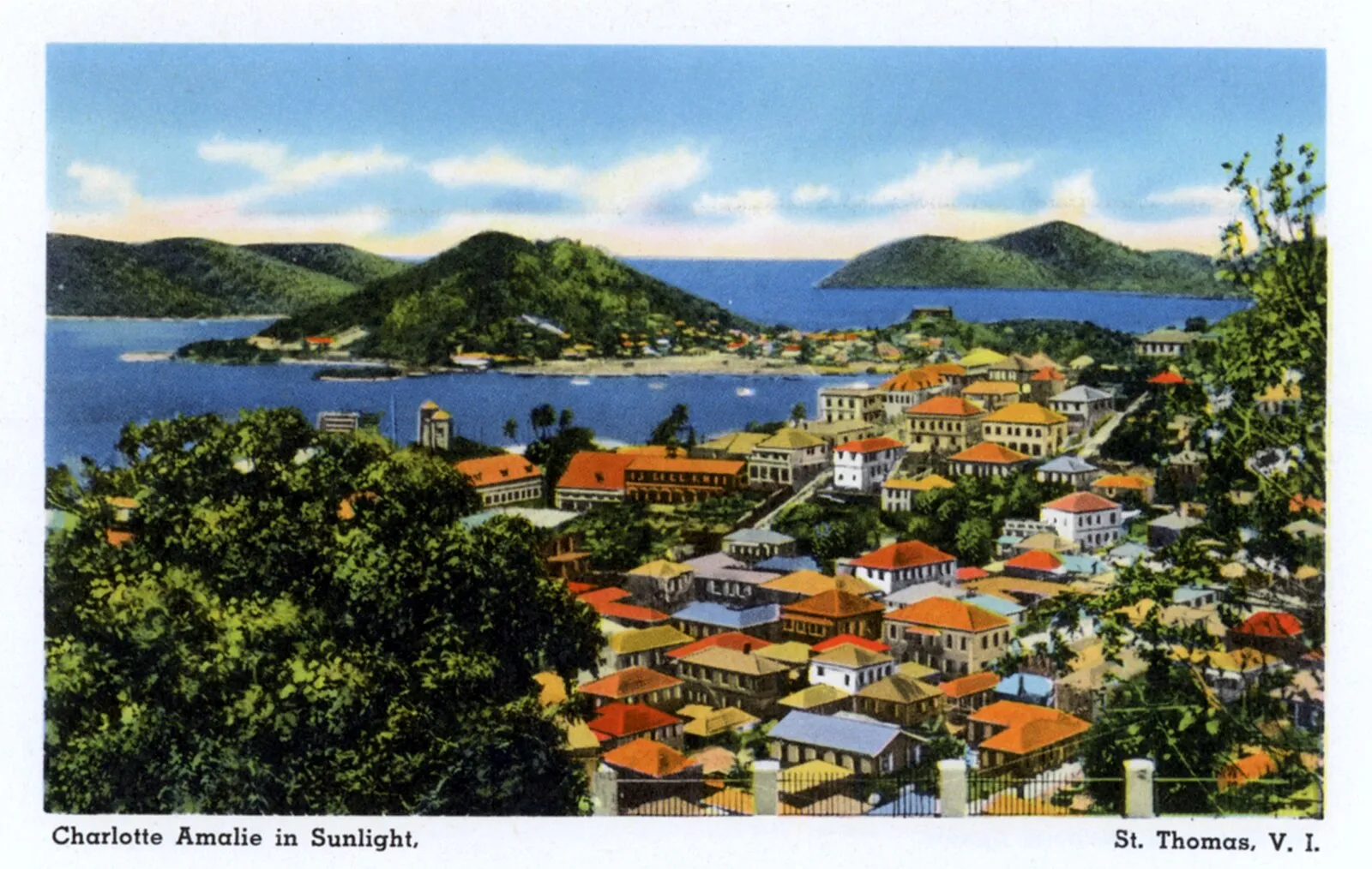 Hand-tinted postcard of Charlotte Amalie in Sunlight, St. Thomas, V.I.