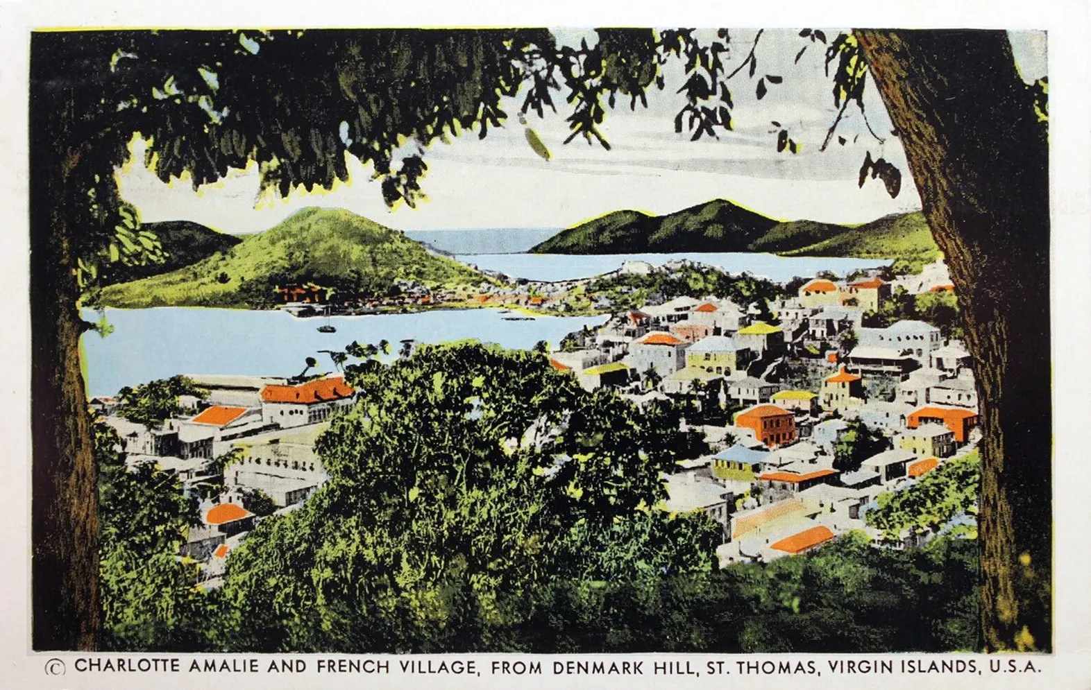 Hand-tinted postcard of Charlotte Amalie and French Village from Denmark Hill, St. Thomas