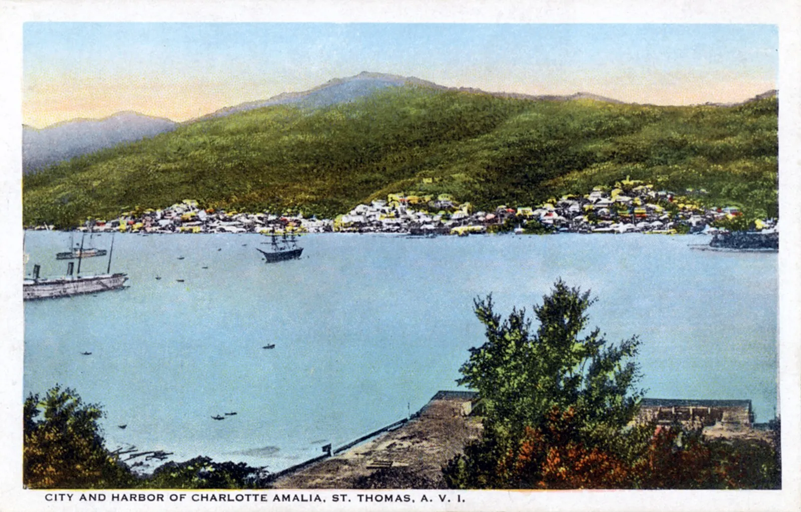 Hand-tinted postcard of City and Harbor of Charlotte Amalia, St. Thomas, A.V.I.