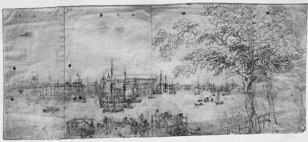 Historical ink drawing of Stockholm harbor with sailing ships and city buildings, likely 17th-18th century