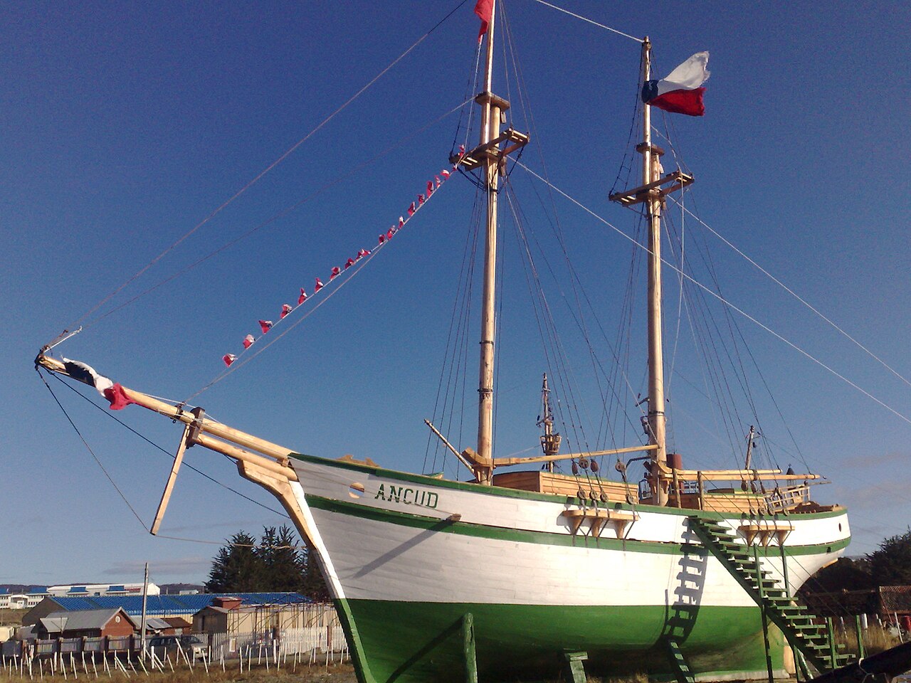 Replica of the schooner Ancud with Chilean flags, commemorating Chile's claim to the Strait of Magellan