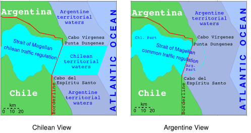 Map showing Chilean and Argentine views of Strait of Magellan traffic regulation boundaries