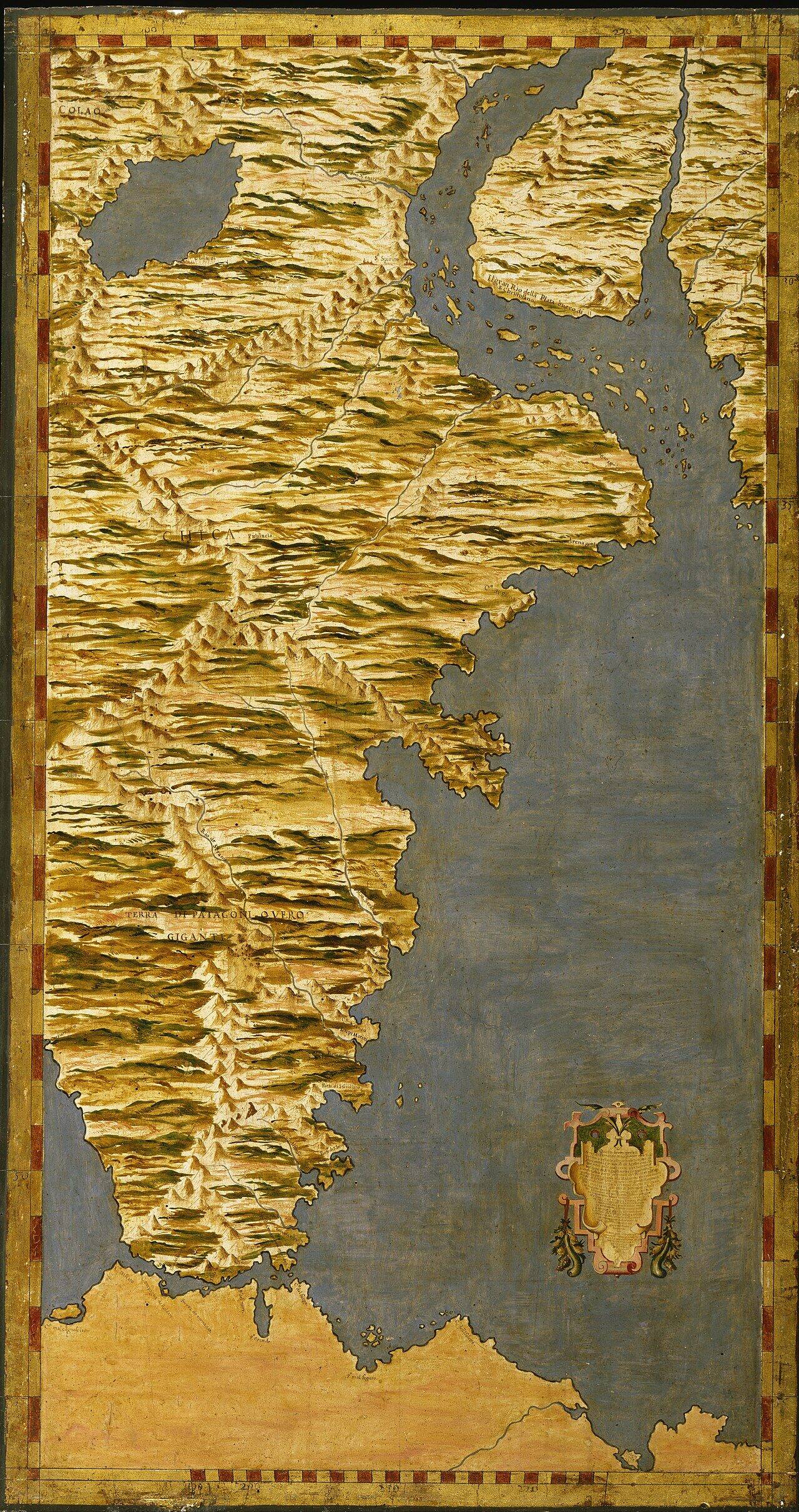 Historical gilded map of Patagonia and the Strait of Magellan region