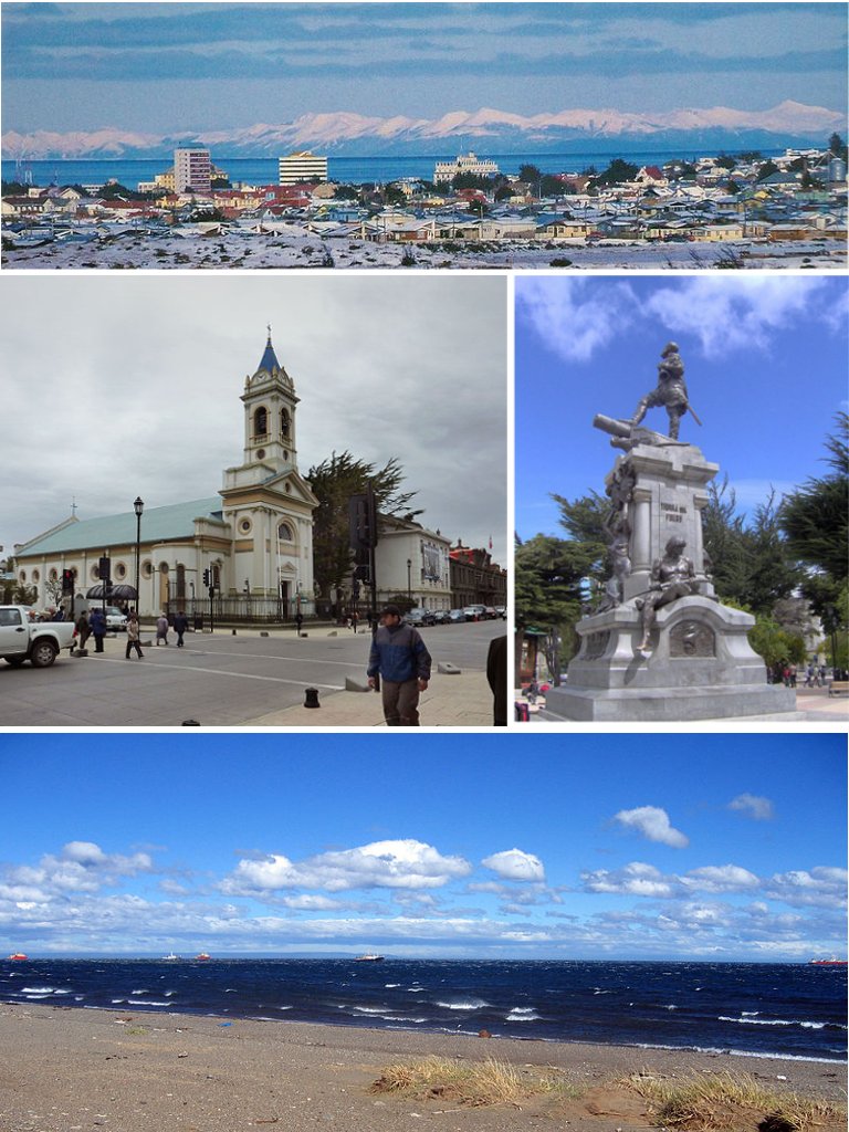 Photo collage of Punta Arenas showing city panorama with snow-capped mountains, cathedral, Magellan monument, and the Strait coastline