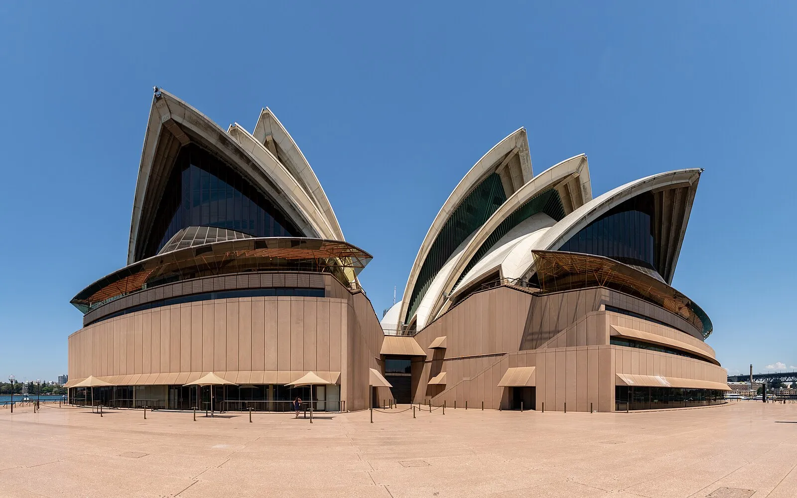 Sydney Opera House close-up from ground level showing the iconic sail-like roof structures