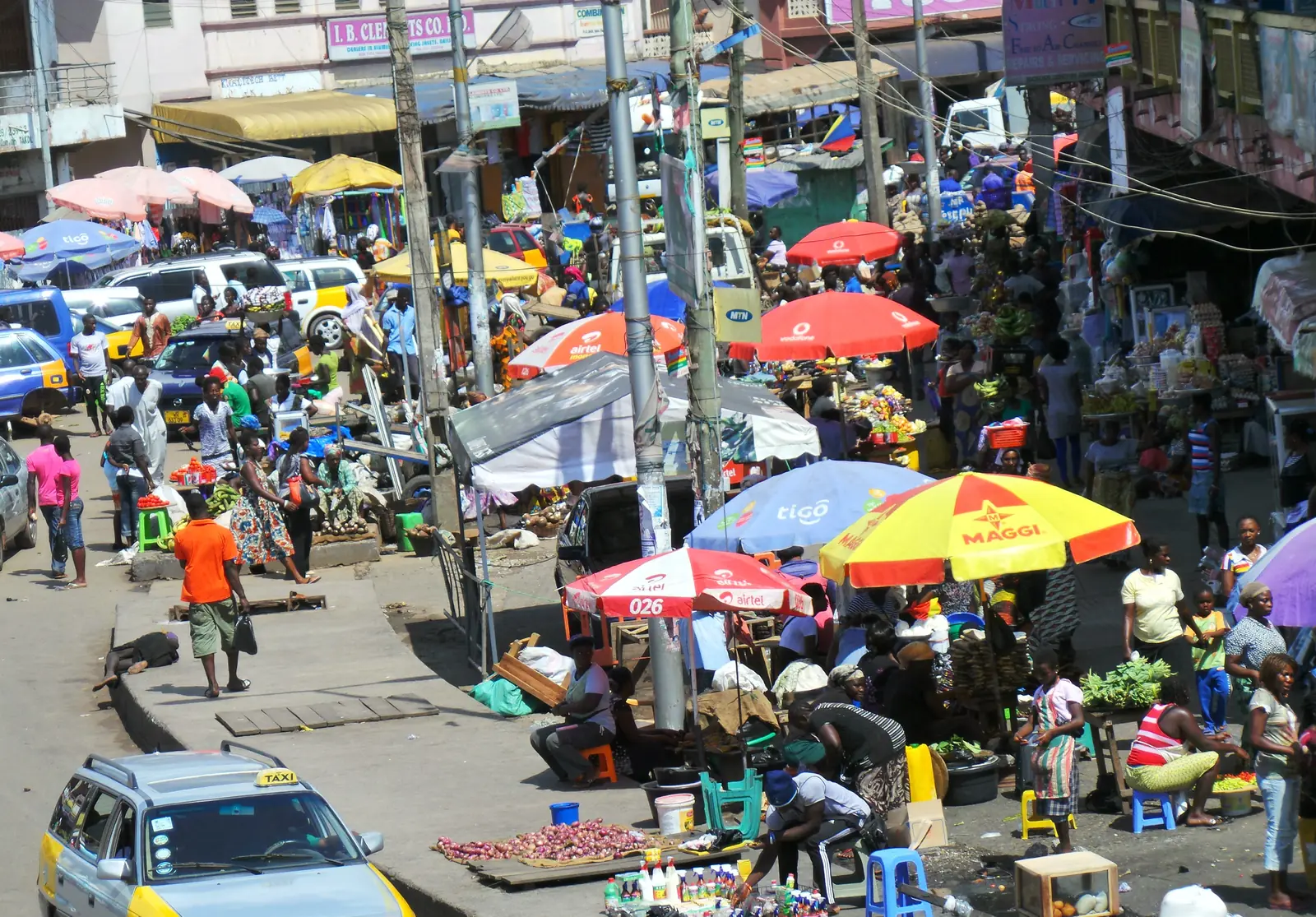 Takoradi's Market Circle seen from above, the circular market and its surrounding streets
