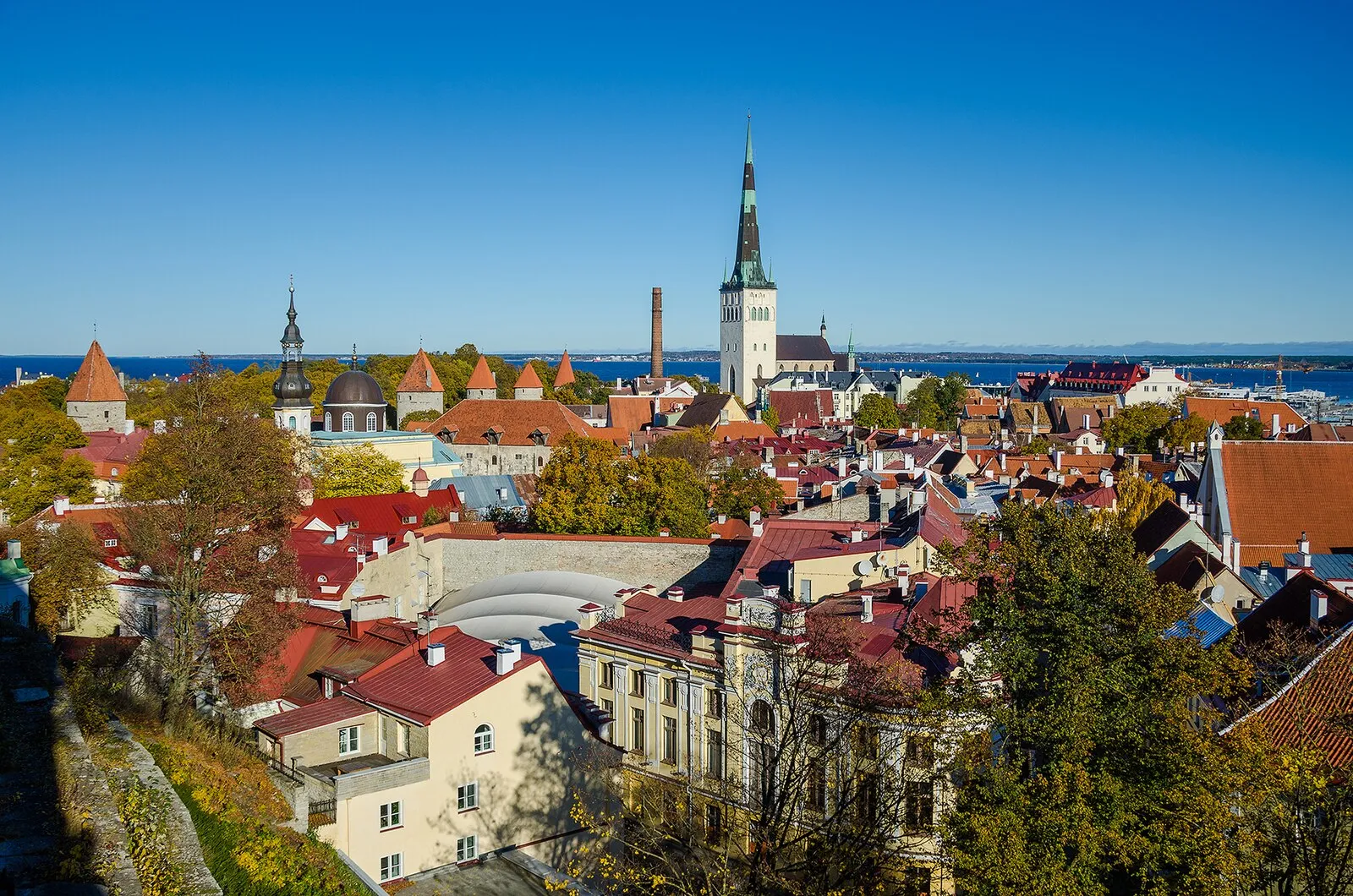Tallinn Old Town autumn panorama with St. Olaf's Church and Baltic Sea in background