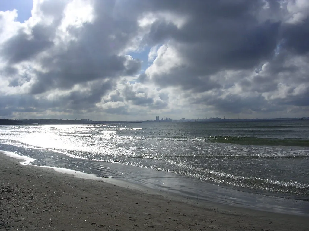 Beach on the Gulf of Finland with Tallinn skyline visible in the distance across the water