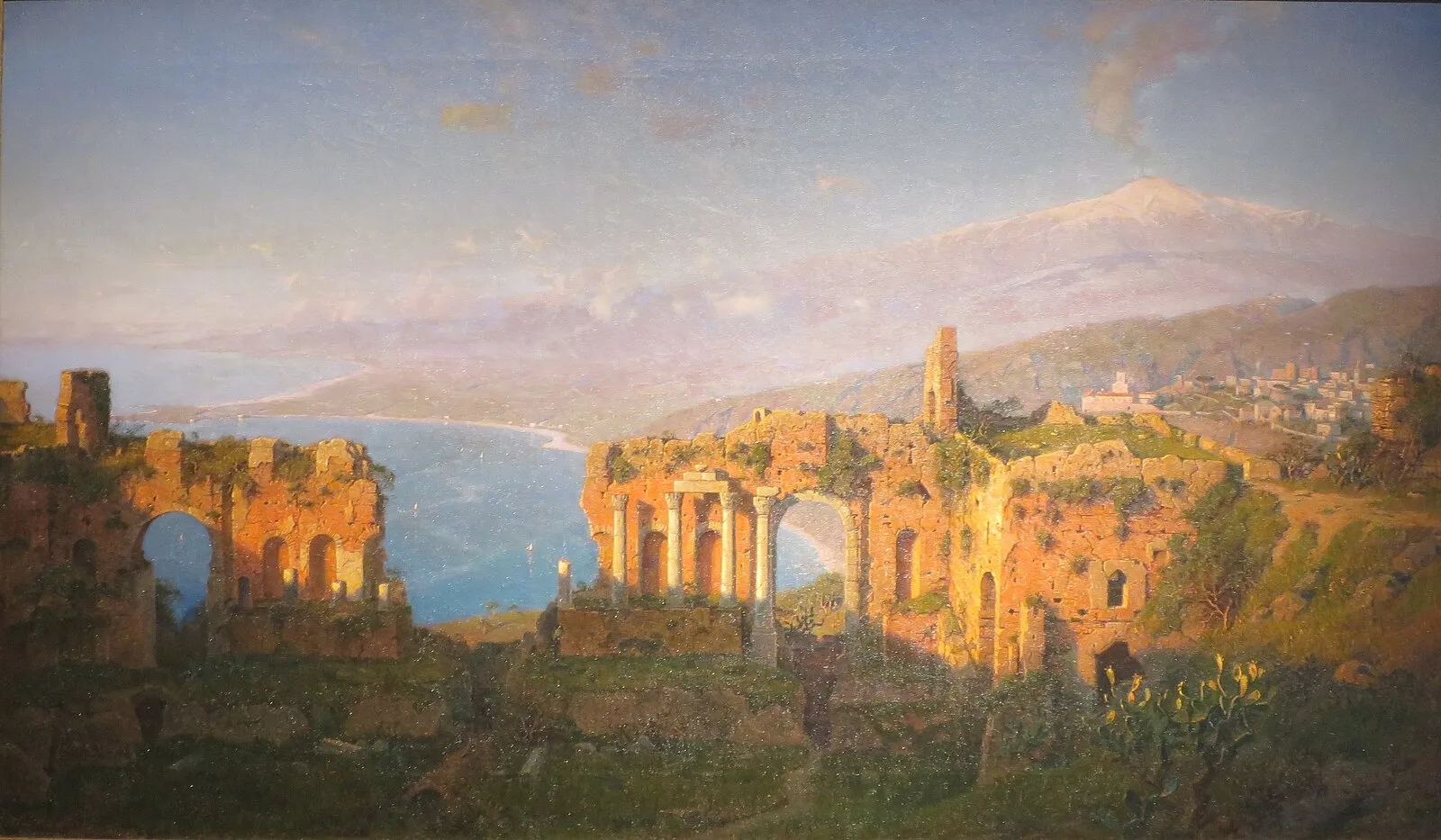 19th-century oil painting of Teatro Greco di Taormina ruins with Mount Etna and Bay of Naxos