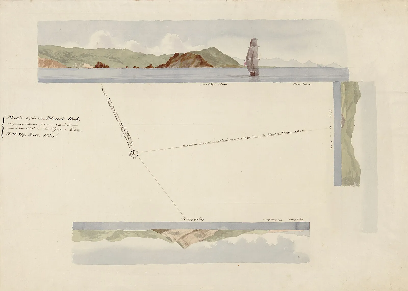 1824 Royal Navy watercolor chart showing Blonde Rock navigation marks between Cooper Island and Dead Chest on the voyage to Tortola
