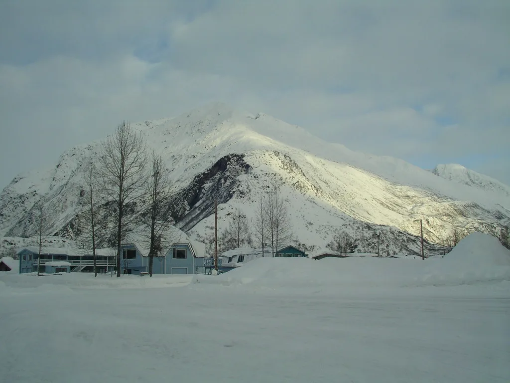 View of Valdez town with mountains and waterway