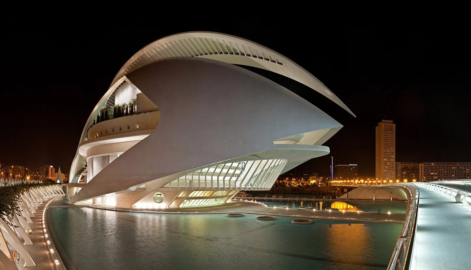 Palau de les Arts Reina Sofía by Calatrava illuminated at night in Valencia's City of Arts and Sciences