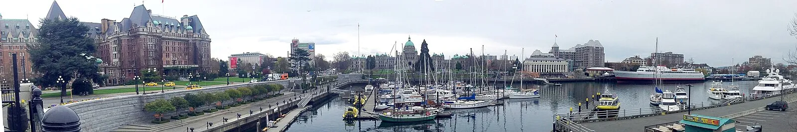Victoria Inner Harbour panorama with The Fairmont Empress, Parliament buildings, and marina